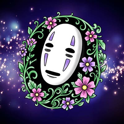 a close  up of no-face mask from spirited away in a frame of flowers around the based of his head