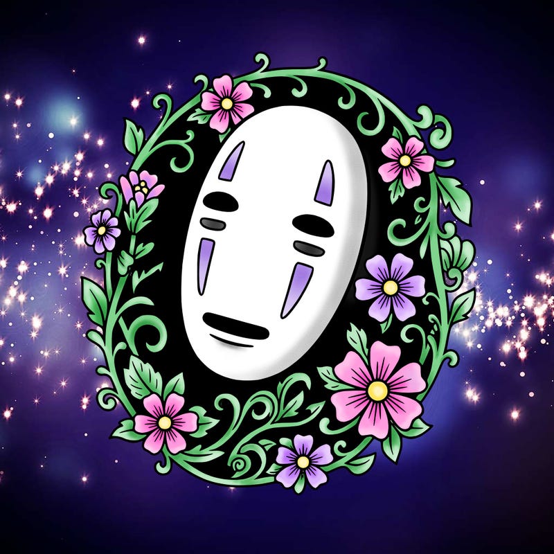 a close  up of no-face mask from spirited away in a frame of flowers around the based of his head