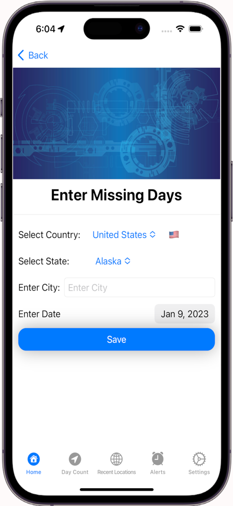 A mobile interface for the Domicile365 Residency Tracker app showing the Enter Missing Days screen with fields to select a country, state, city, and date.