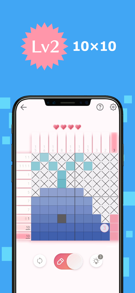 Handybildschirm, der ein 10x10-Nonogramm-Rätsel zeigt, das eine Wal-Pixelart bildet.