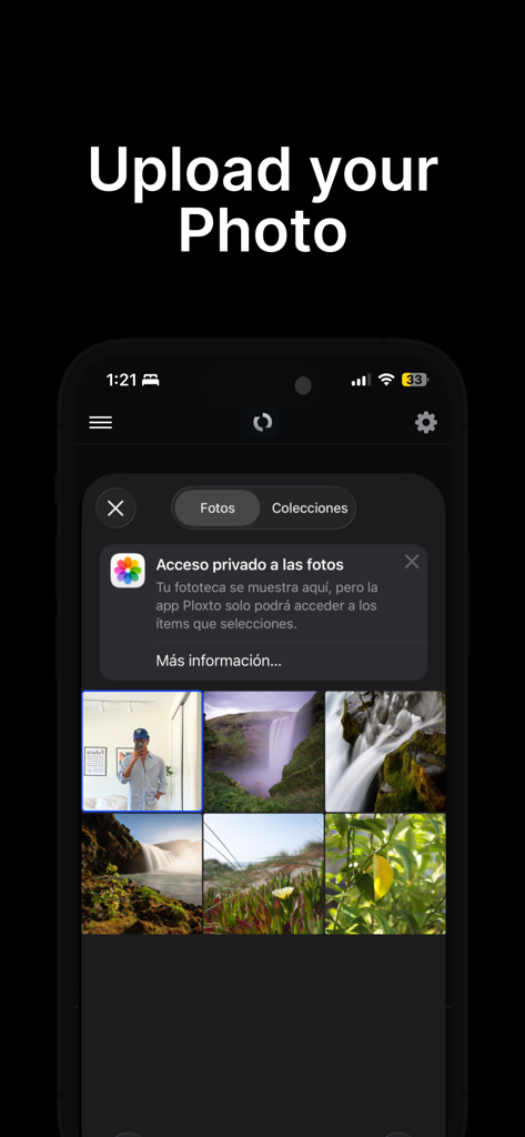 Ploxto app interface showing the upload your photo screen with a mobile image gallery picker