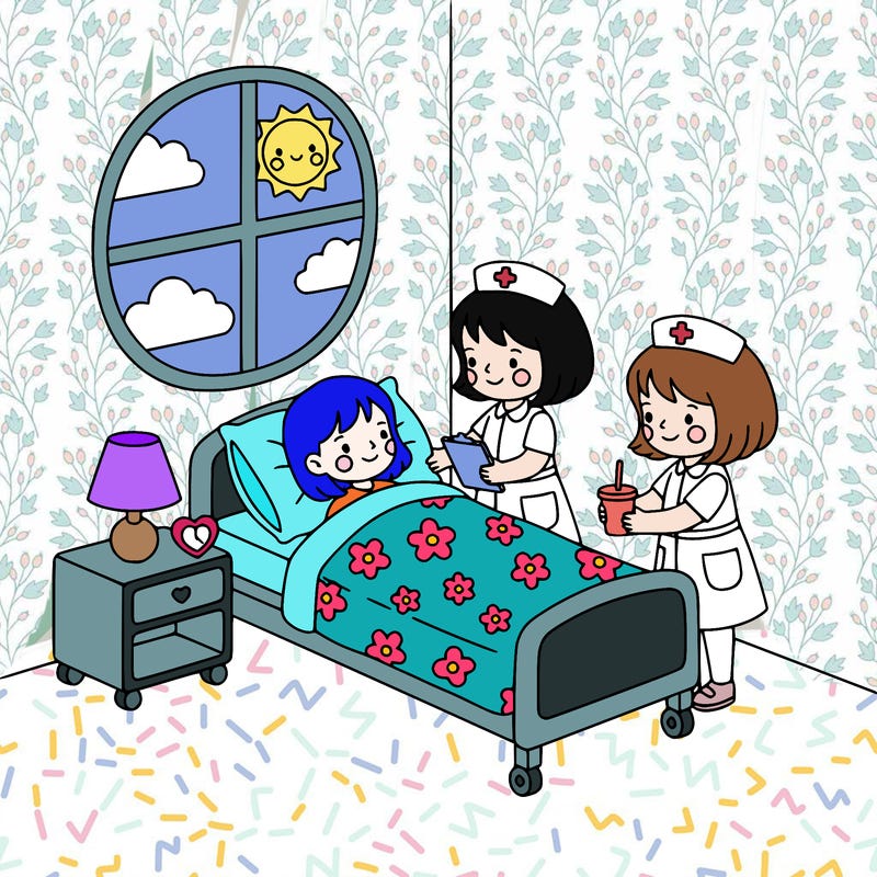 cute nurses taking care of a woman in a bed