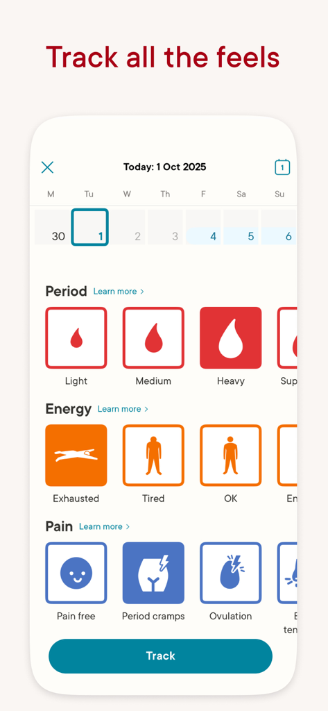 Interface do aplicativo Clue mostrando opções de rastreamento para fluxo menstrual, níveis de energia e sintomas de dor.