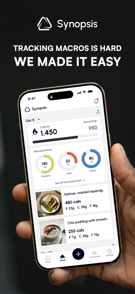Synopsis: AI Calorie Tracker - Hand holding a smartphone displaying the Synopsis AI Calorie Tracker app dashboard with macronutrient and calorie progress