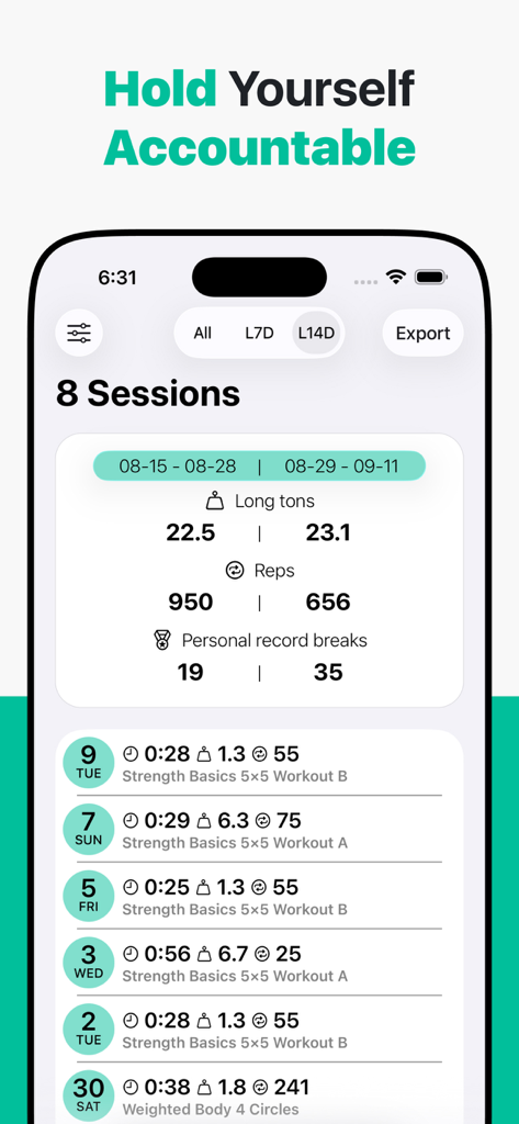 Simple Workout Log - IRONOTES - IRONOTES workout log screen displaying training session history and performance statistics