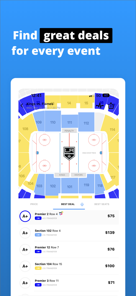 Interfaccia dell'app TickPick che mostra una mappa interattiva dei posti dello stadio e un elenco di offerte di biglietti classificate per una partita dei LA Kings.