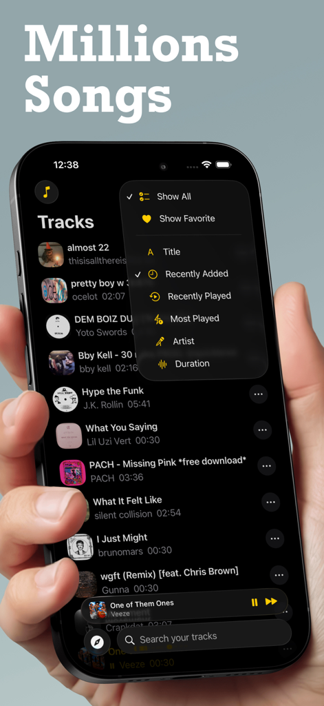 Vibely 음악 플레이어 트랙 목록과 스마트 정렬 메뉴를 표시하는 아이폰 화면