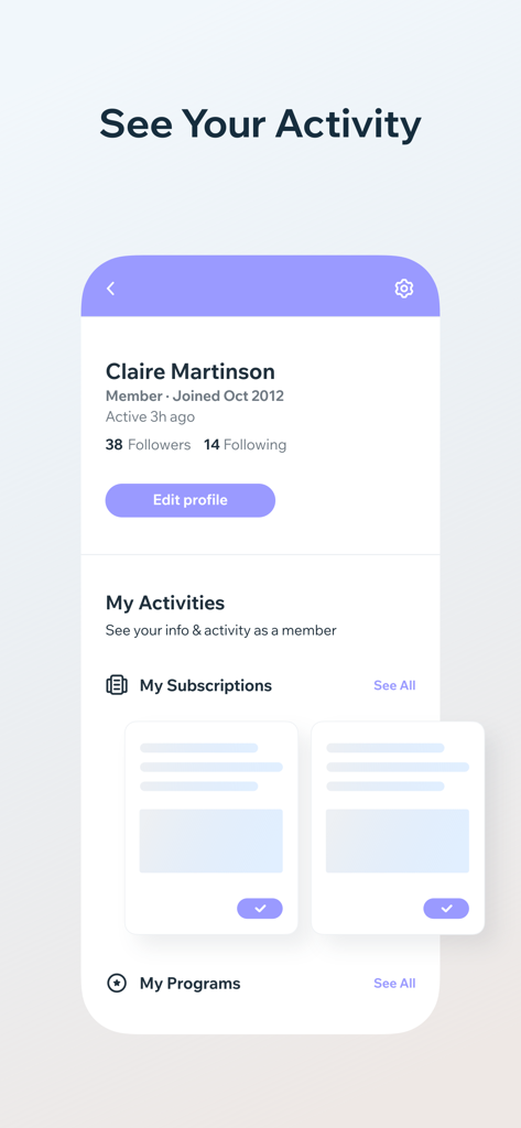 Witchbook 2 - Schermata del profilo utente dell'app Witchbook 2 che mostra attività dei membri e abbonamenti