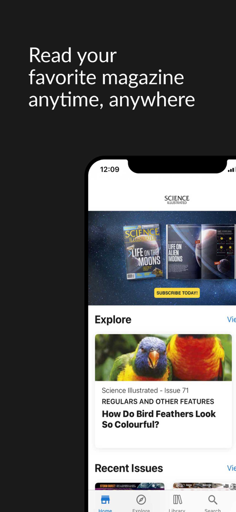 Science Illustrated - Science Illustrated mobile app interface showing scientific articles and nature photography