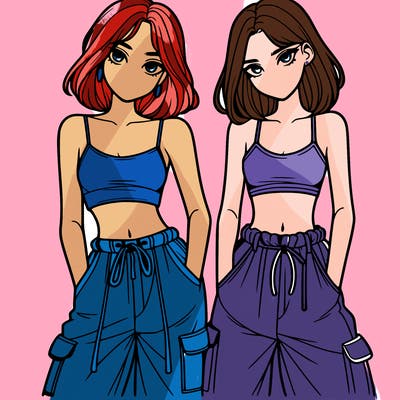 two girls with crop top with baggy pants