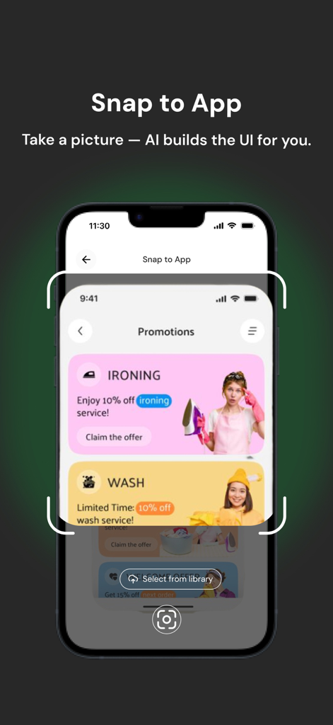 Interfaccia AppForceStudio che dimostra la funzione Snap to App dove l'IA costruisce un'interfaccia utente mobile da uno screenshot