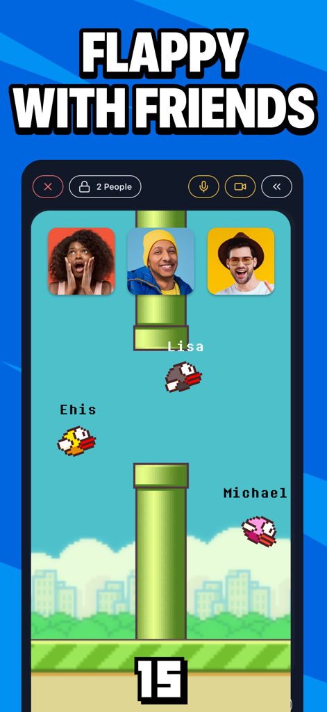 Three friends playing a Flappy Bird style game together with video chat on the MiniParty app
