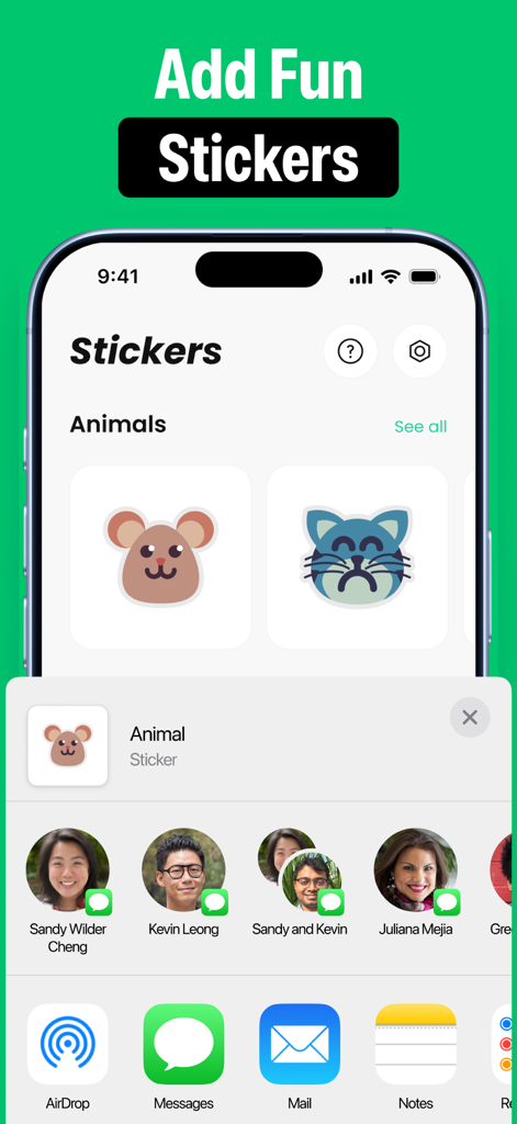 Interface showing animal stickers like a mouse and cat for Cricut design projects
