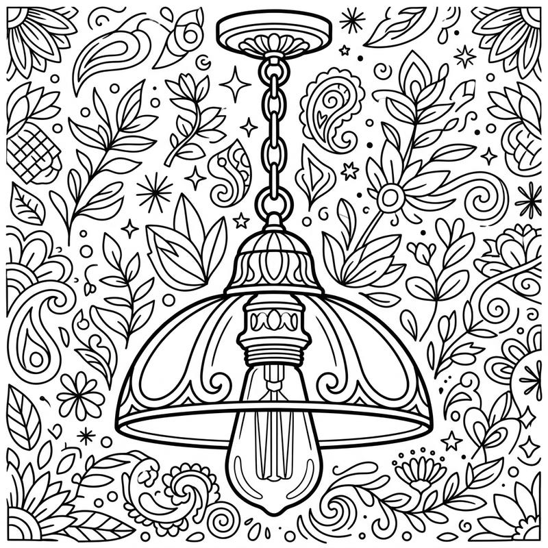 Discover the elegance of this intricate pendant light coloring page, beautifully framed by a lush array of floral and decorative motifs. Perfect for colorists seeking a detailed and rewarding artistic escape.