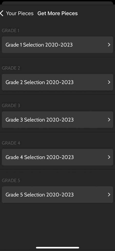 ABRSM SfMT Practice Partner - List of musical theatre song selections for Grades 1 to 5 in the ABRSM Practice Partner app