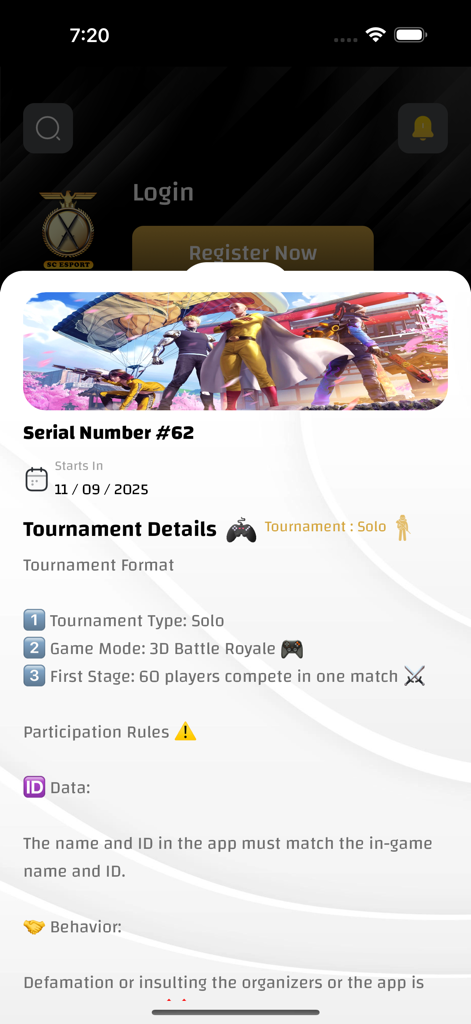 Pantalla de detalles del torneo para una partida individual de battle royale en la aplicación SC ESport.