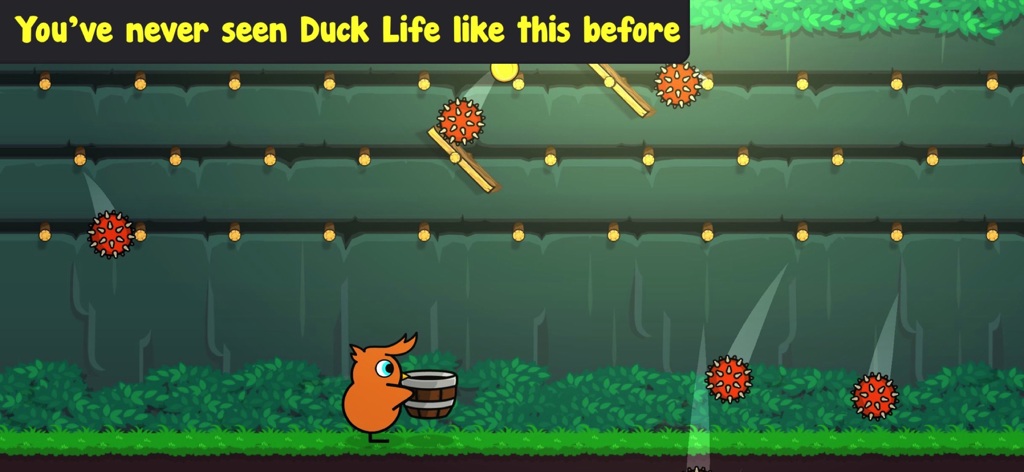 Duck Life 7: Battle - An orange duck catching falling spikes and coins in a bucket during a training mini game