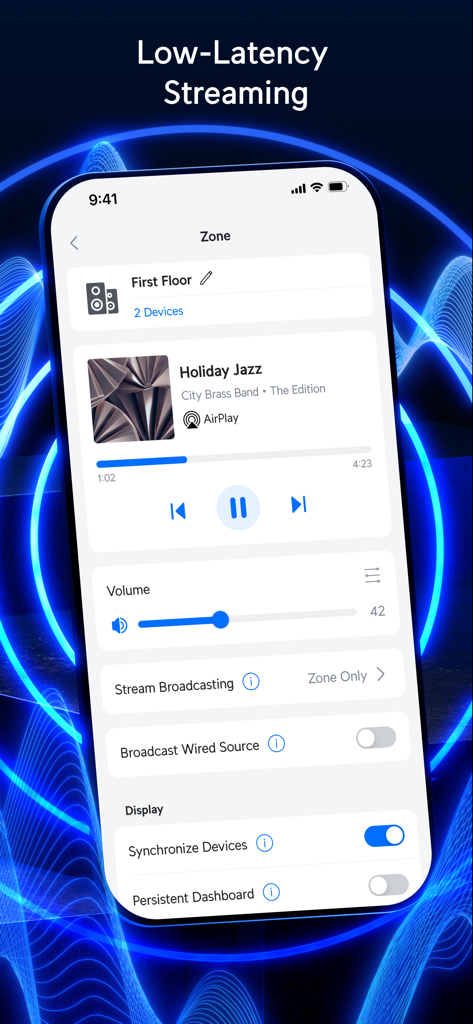UniFi Play 앱 인터페이스, 아이폰에서 음악 재생 및 멀티존 오디오 동기화 설정 표시