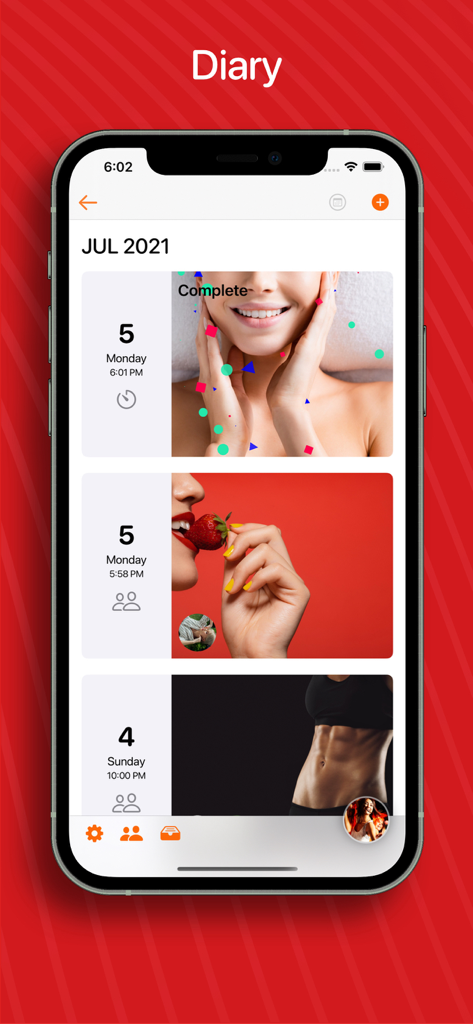 Bildschirm der mobilen App, der eine chronologische Liste von Wellness-Tagebucheinträgen mit Datum, Uhrzeit und Fotos anzeigt.