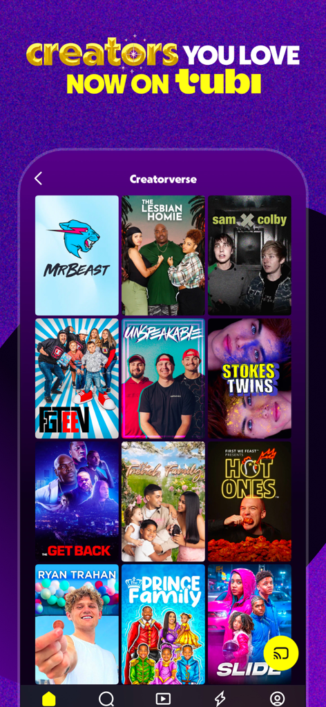 Tubi app interface showing the Creatorverse section with popular content creators like MrBeast and Sam and Colby.