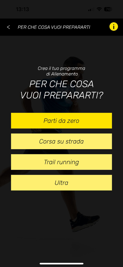 My Personal Running Coach - Pantalla de selección de programas de entrenamiento de running que incluyen distancias en carretera, trail y ultra
