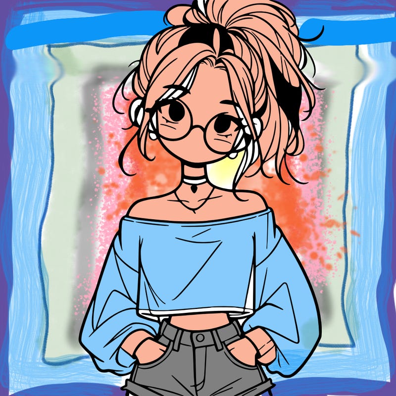 girl with a messy ponytail glasses a baggy crop top and jean shorts