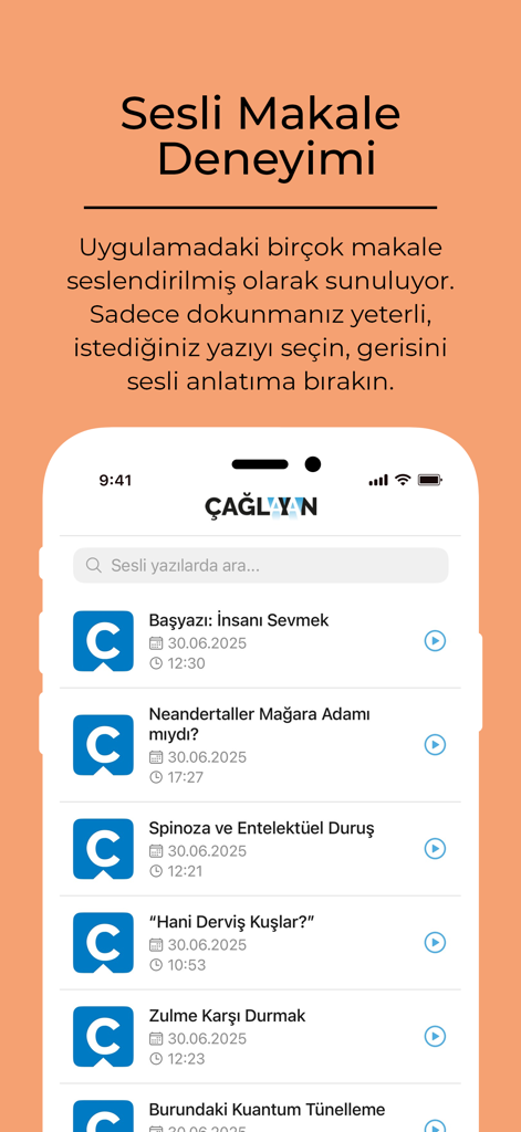 Çağlayan Dergisi - Schermata mobile dell'app Caglayan Dergisi che mostra un elenco di articoli audio turchi con pulsanti di riproduzione
