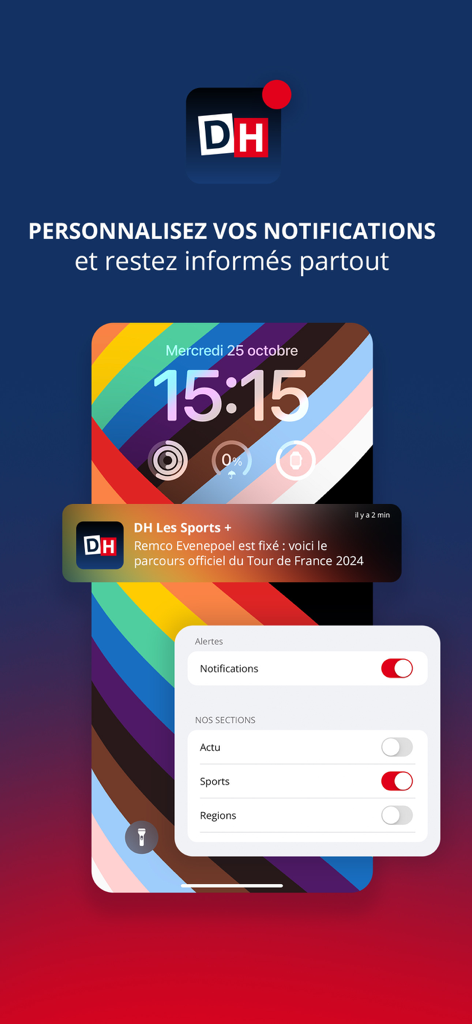 Screenshot der mobilen App, der zeigt, wie Benachrichtigungen und Warnungen für verschiedene Nachrichten- und Sportbereiche auf dem Sperrbildschirm eines Smartphones angepasst werden.