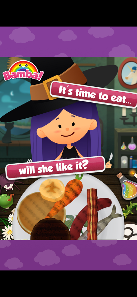 Bamba BBQ (Lite) - Alimentando um personagem chamado Poofy no aplicativo Bamba BBQ