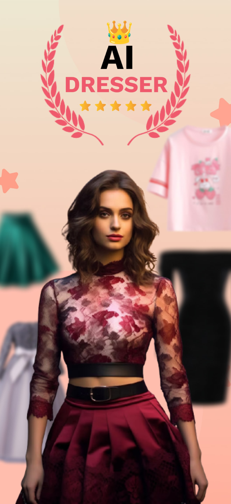 AI Dresser app interface showing a virtual outfit swap and fashion templates