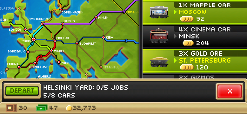 Pocket Trains: Railroad Tycoon - Gameplay screenshot of Pocket Trains showing a pixel art map of Europe with railroad routes and cargo delivery jobs