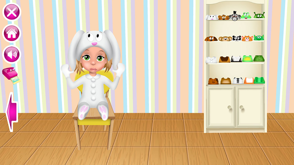 A cartoon baby wearing a white bunny costume next to a shelf of animal hats
