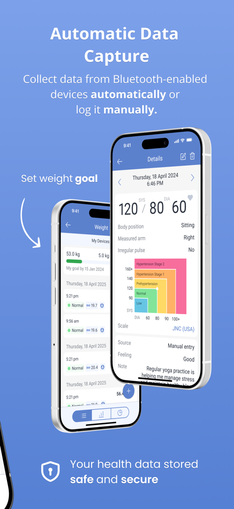 Health Diary by MedM - Health Diary by MedM app interface showing blood pressure readings, hypertension stages, and weight tracking on two smartphones.
