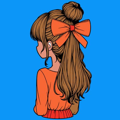 realistic girl  with hip length hair a bun and a big bow on the back of head