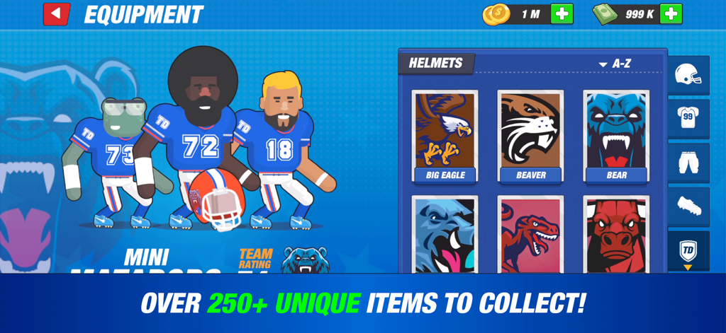 Touchdowners 2 - Mad Football - Football equipment customization screen with animal themed helmet logos and 2D player characters.
