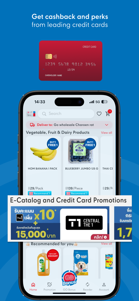 Go Wholesale mobile app screen showing credit card promotions and loyalty reward perks