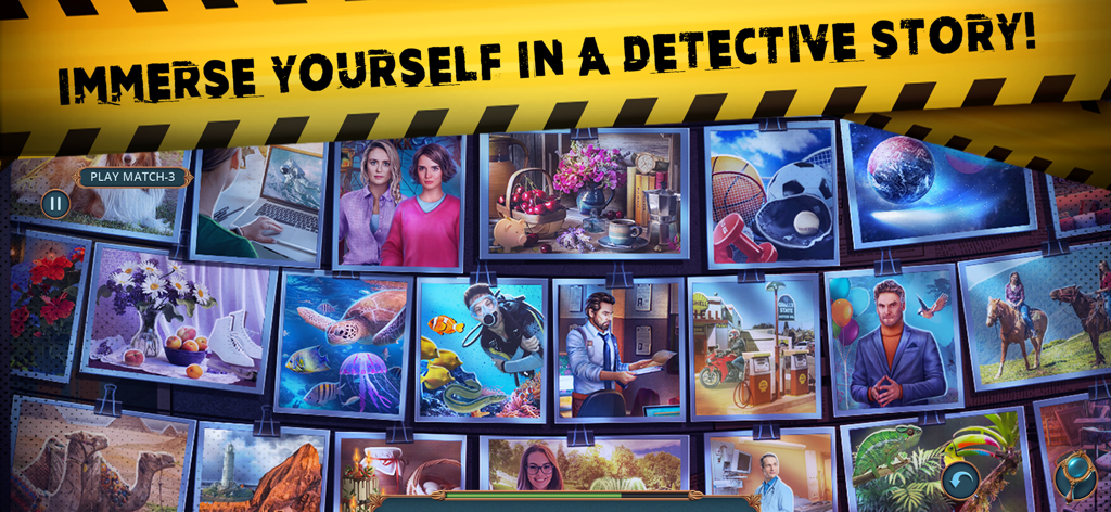 A detective investigation wall featuring various photos of scenes and characters with a banner reading Immerse Yourself in a Detective Story