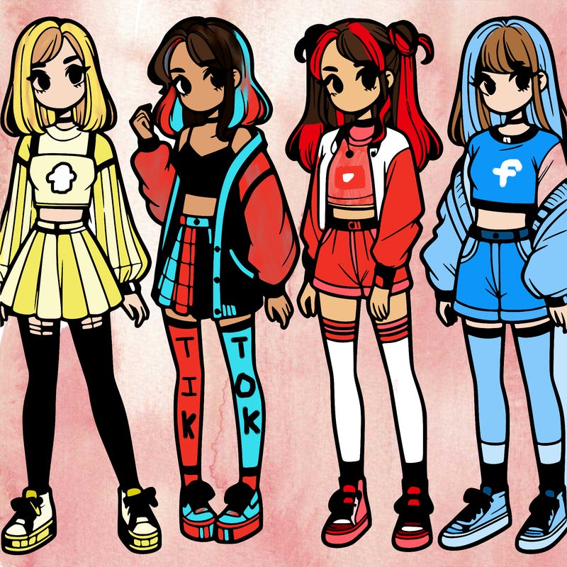 one girl with crop-top shirt and a jacket with a skirt, long socks and another girl with a shirt and pants with a jacket