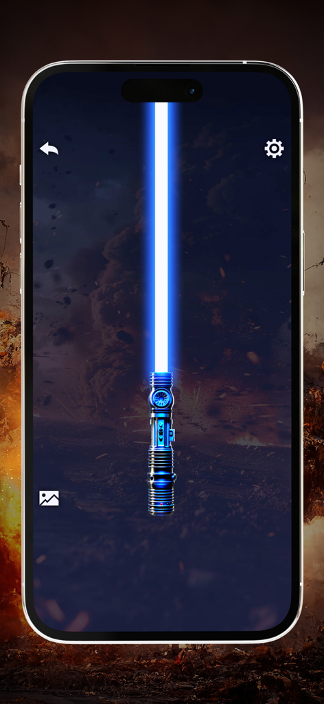 A glowing blue lightsaber displayed on a smartphone screen with a smoky background.
