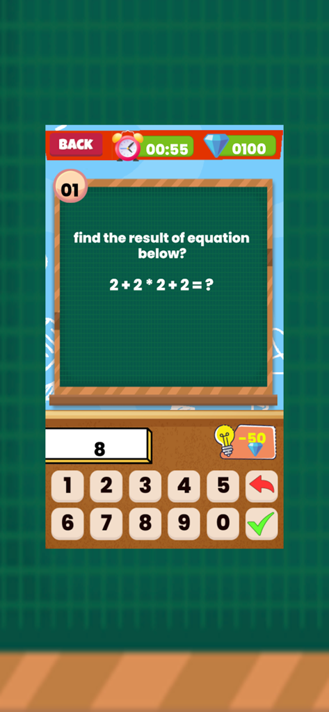 数理速解 - Math puzzle screen showing an arithmetic equation on a chalkboard with a numeric keypad and timer.