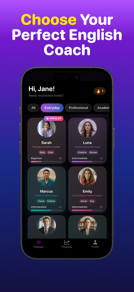 AI Speak English - Practice Me - Interfaz de la aplicación AI Speak English que muestra una selección de tutores de IA especializados para diferentes niveles de habilidad y temas de conversación.