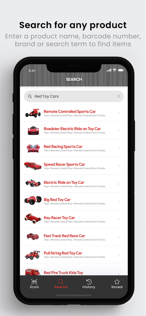 Barcode Lookup - Barcode Lookup app search screen showing a list of red toy cars