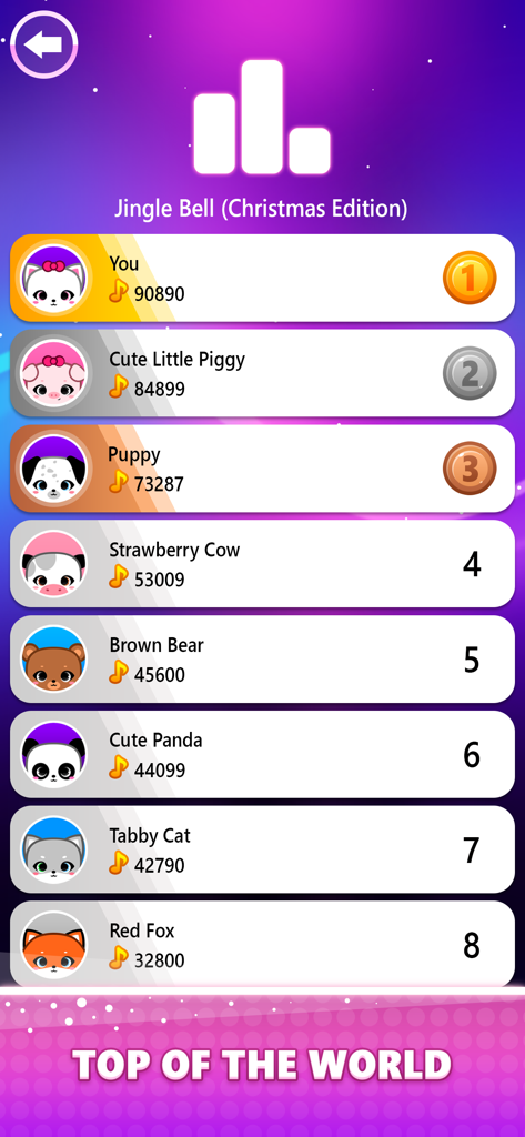 Global leaderboard screen in Color Tiles Vocal Piano Game with top scores and cute animal avatars