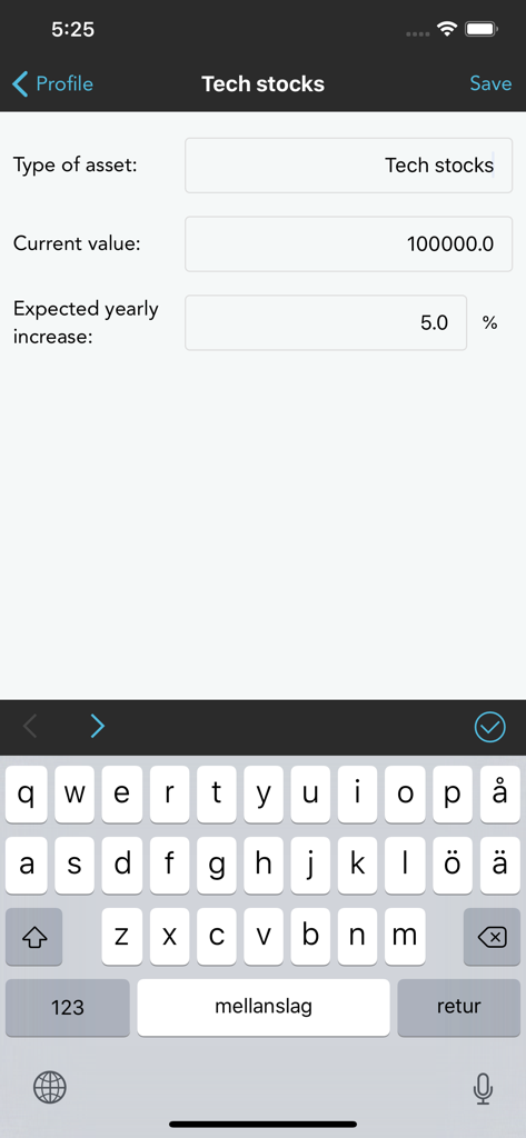 Asset entry screen for tech stocks in the Wealth Forecast app