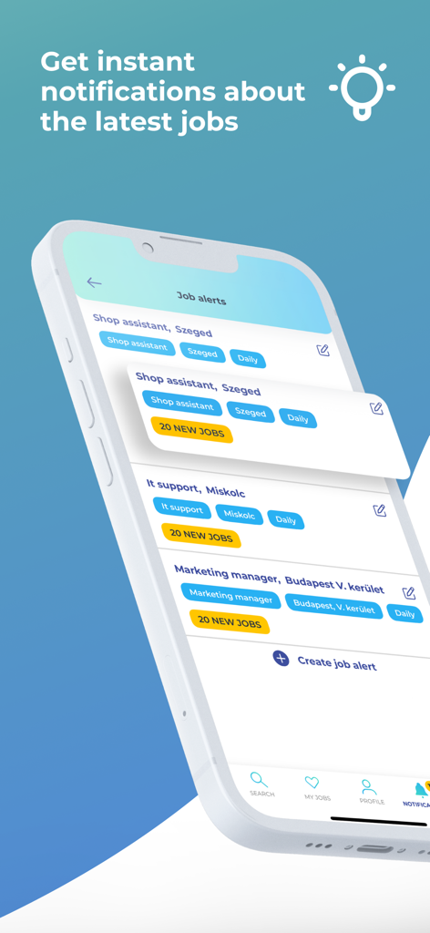 Profession.hu: Fast Job Search - Smartphone screen showing the job alerts interface for various Hungarian job roles in the Profession.hu app