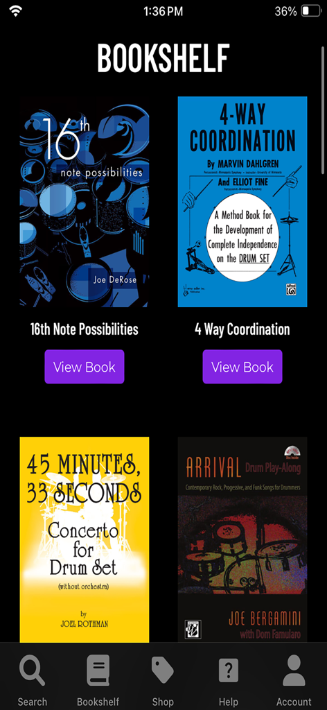 Digital bookshelf showing drum method books in the Hudson Music app