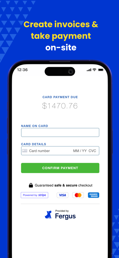 Fergus Go mobile app screen displaying a secure on-site credit card payment form for trade professionals.