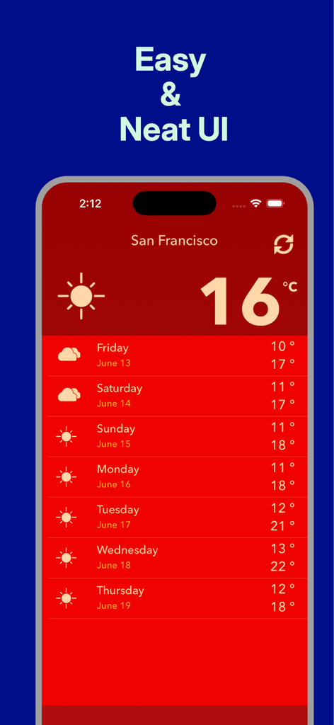 Local Weather Forecast - Aplicación Pronóstico del Tiempo Local que muestra un pronóstico limpio de siete días para San Francisco con una interfaz fácil y ordenada