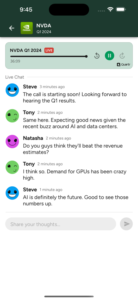 Lecteur audio en direct pour un appel de publication Nvidia avec une section de chat communautaire dans l'application Earnings Hub.