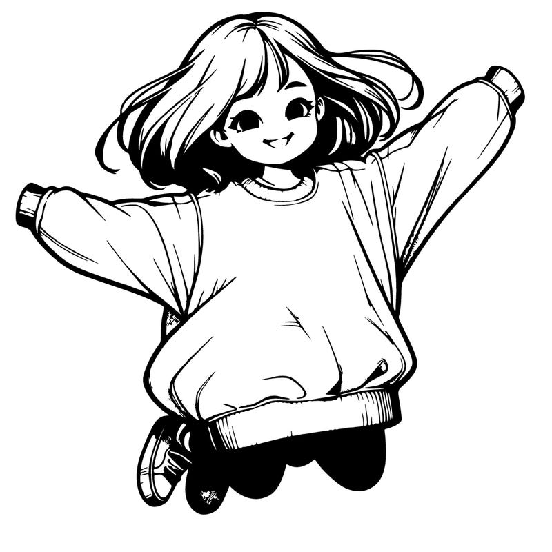 realistic girl, jumping in a oversized sweatshirt